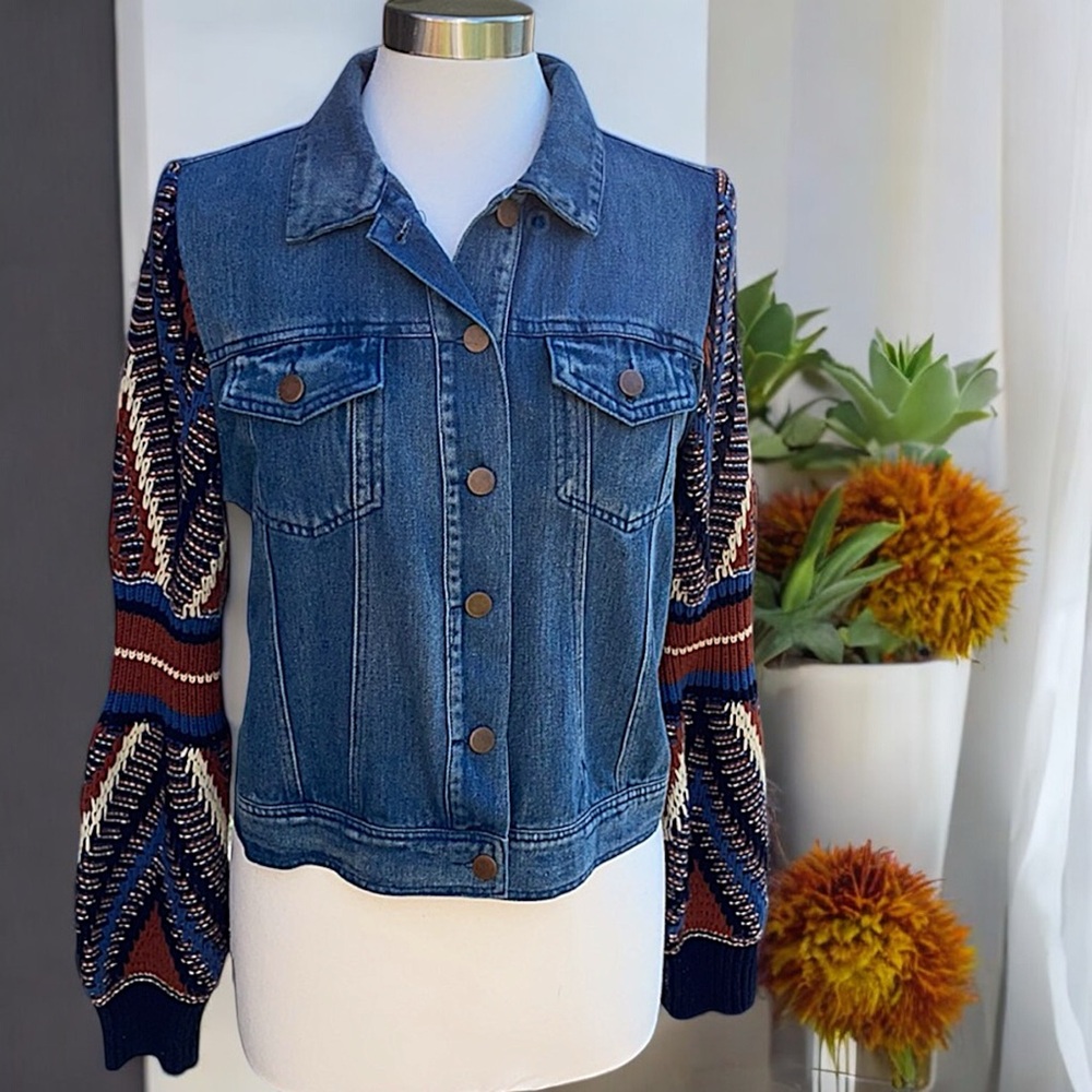 Flying Tomato Retro Vagabond Knit Balloon Sleeves Denim Jacket - Picture 15 of 16